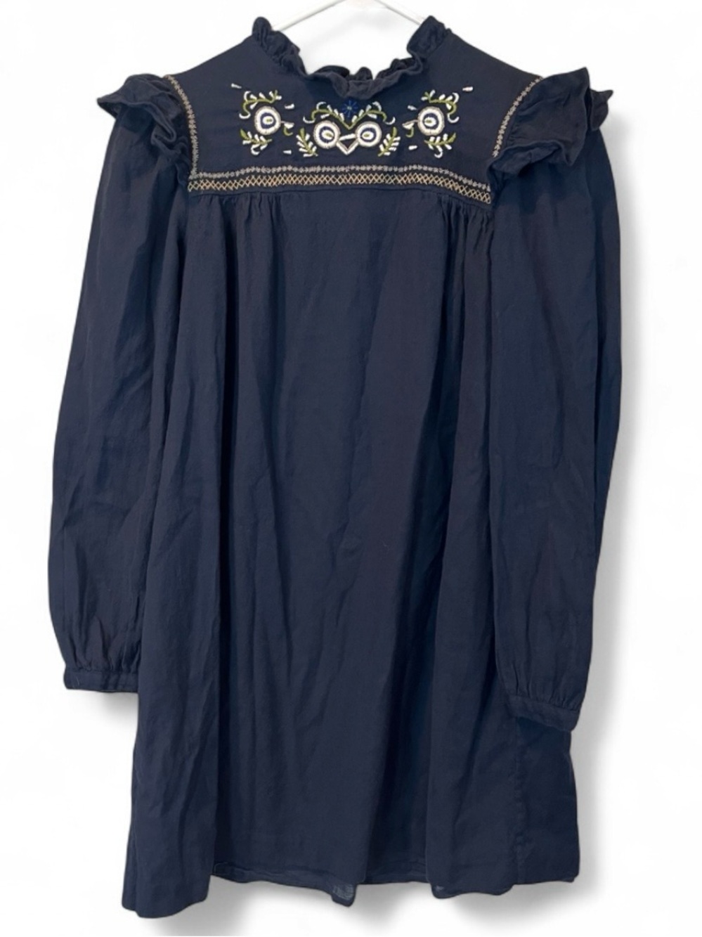 Bonpoint 14A Navy Blue Long Sleeve Embroidered Ruffle Collar Cotton & Wool Dress